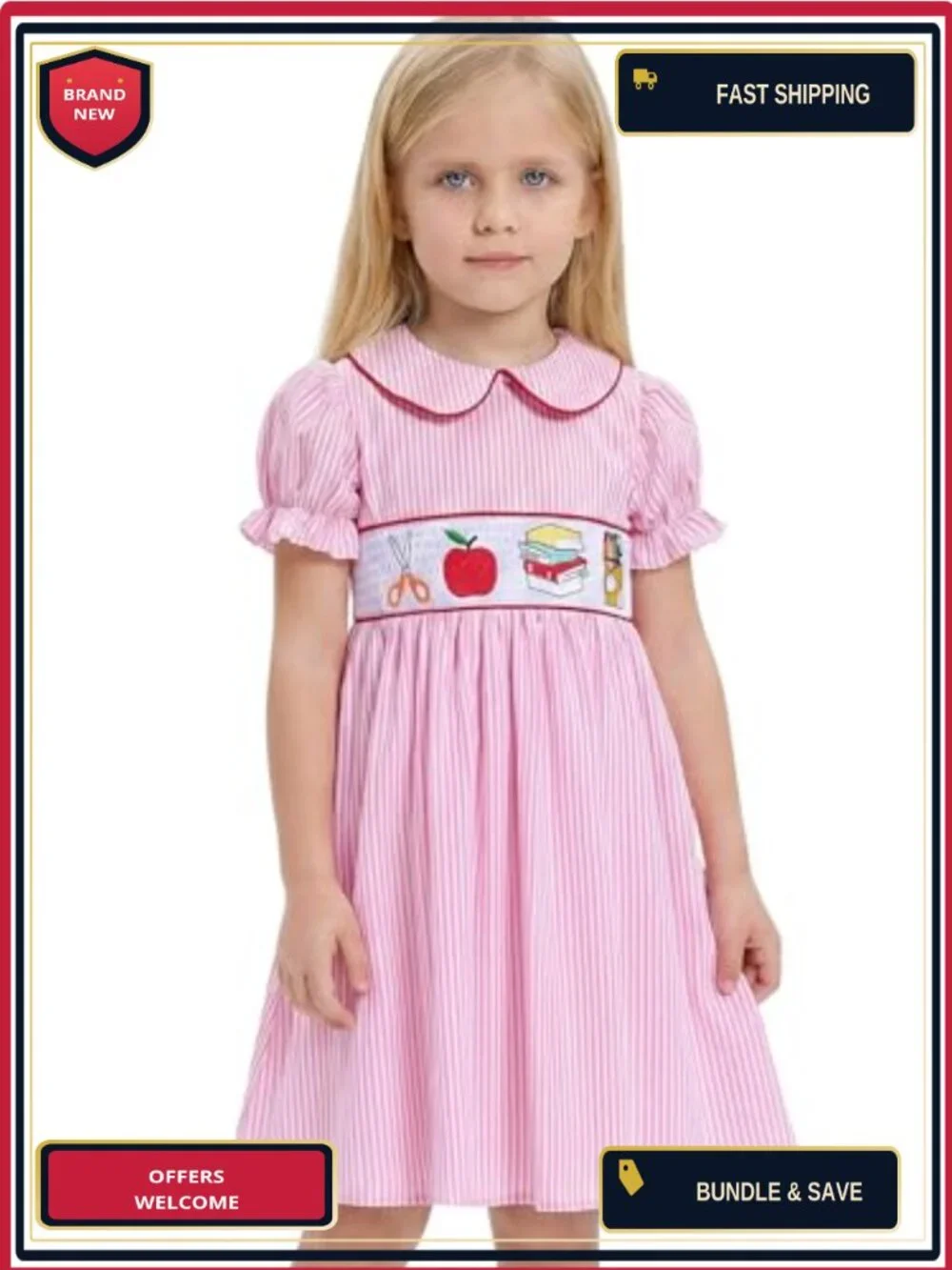 Toddler Girls Back to School Dress, Embroidered Short Sleeve, Peter Pan Collar,